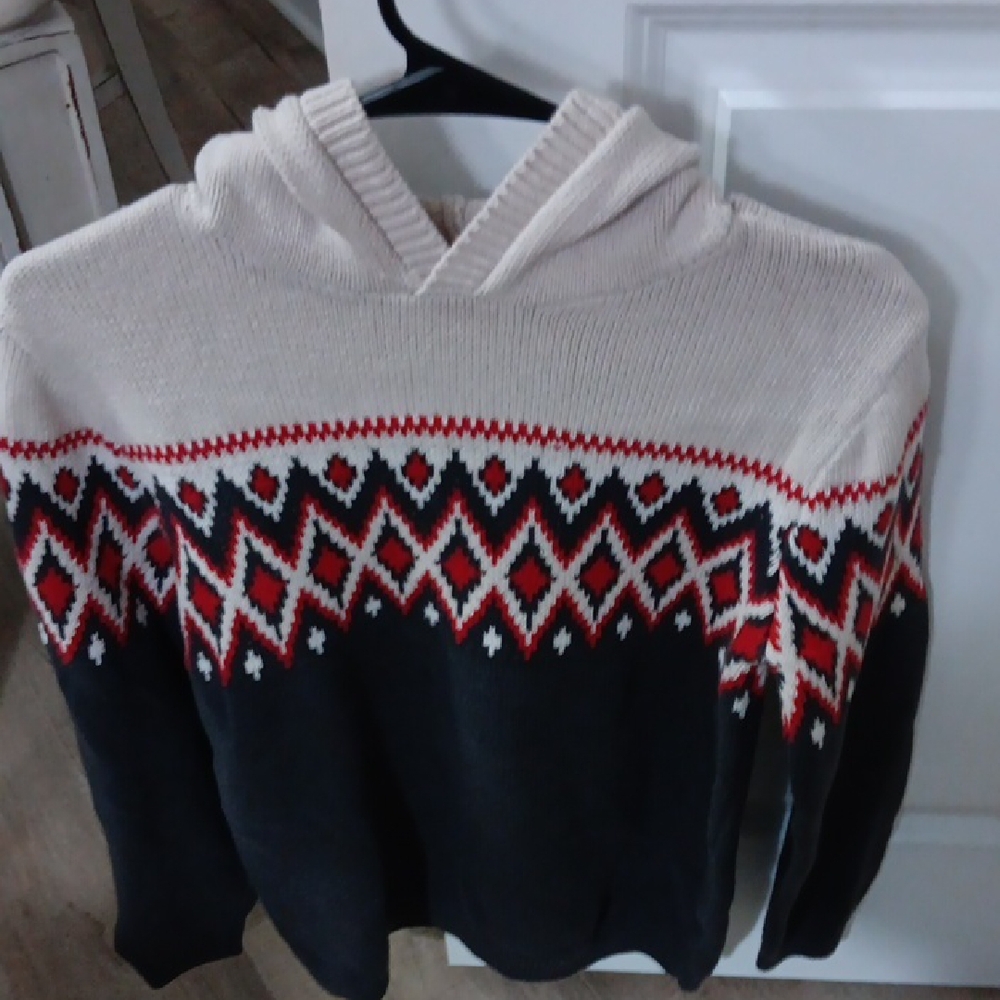 Old Navy Kids' Hooded Sweater with Geometric Pattern - Cream, Red, Black Size 1x
